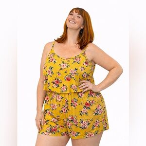Ultra Flirt 1X Yellow Floral Romper Cold Shoulder Plus Size